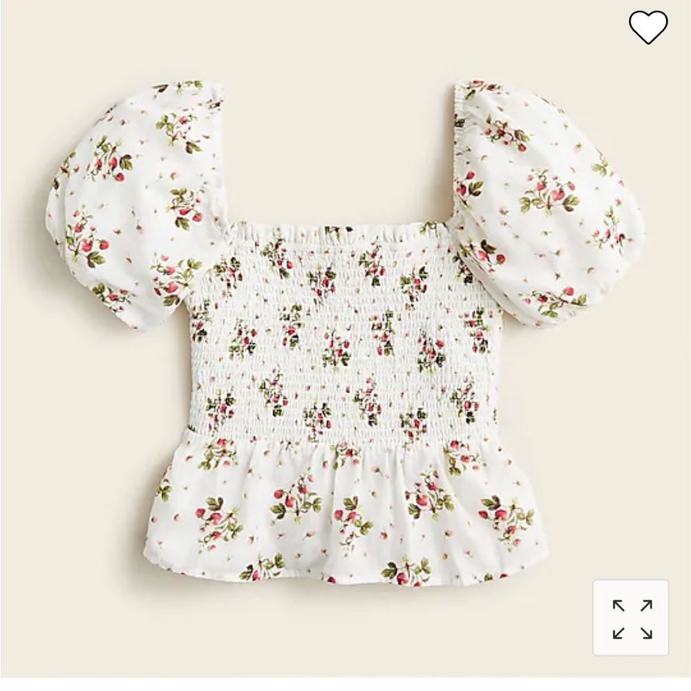 J. Crew Puff-sleeve smocked top in strawberry floral. Sz M. NWT